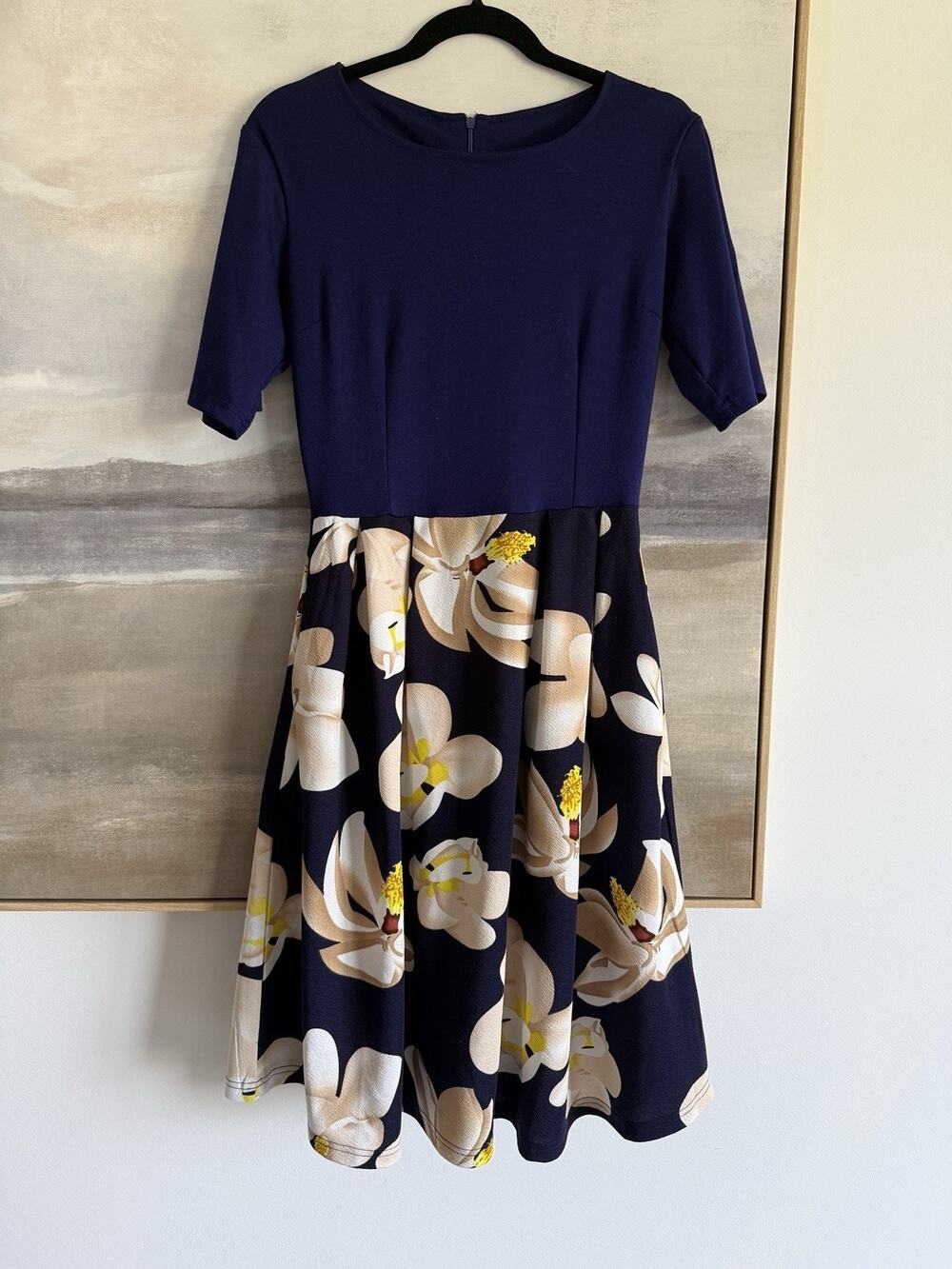 Oxiuly Women's Vintage Patchwork Pockets Puffy Swing Casual Party Dress M